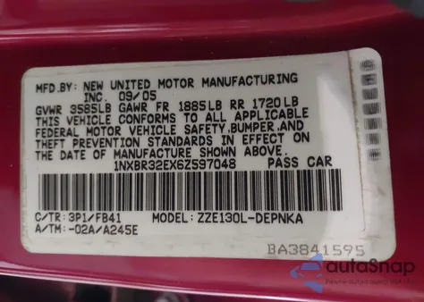 2006 Toyota Corolla Le из США, поврежденный, VIN 1NXBR32EX6Z597048